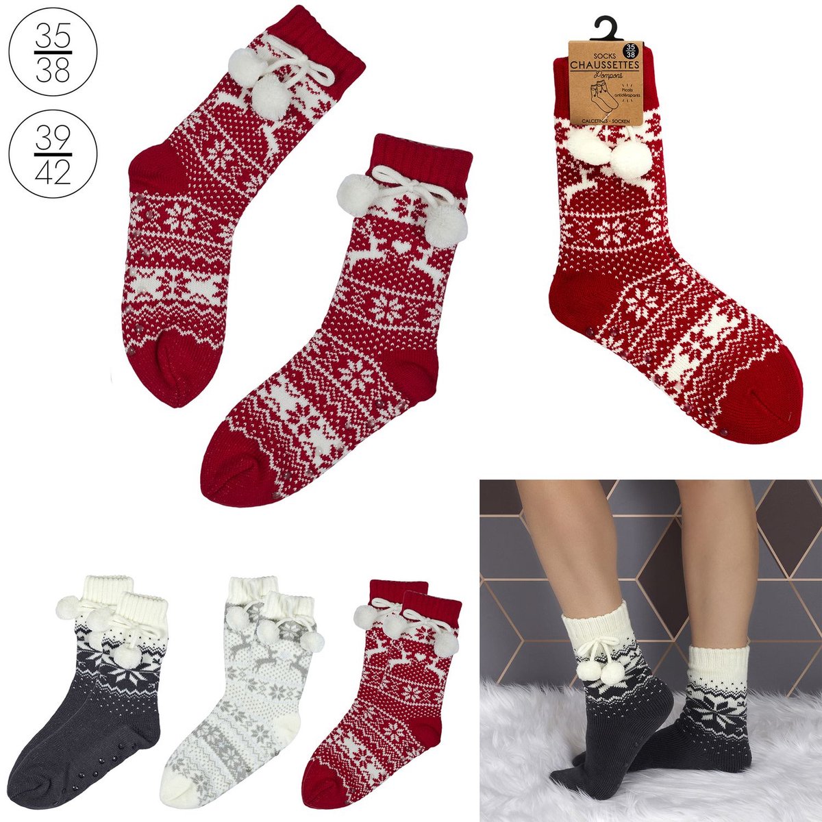 Kerstsokken - Sokken met pompons - Wit - 35/38