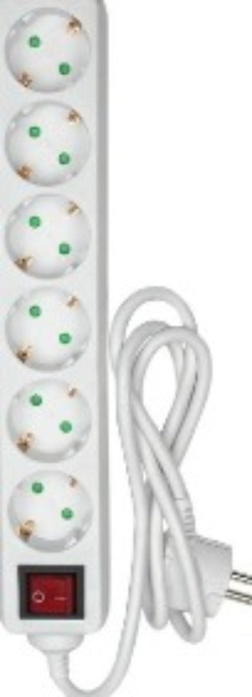 Stekkerdoos - 6 Voudig - 3 Voudig - Randaarde - Schakelaar - 1 meter - 3 x 1 mm2 - Wit