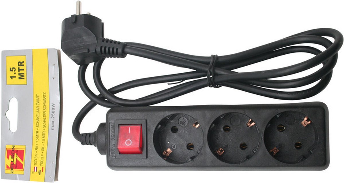 Stekkerdoos - 6 Voudig - 3 Voudig - Randaarde - Schakelaar - 1 meter - 3 x 1 mm2 - Wit